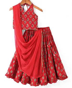 Babyhug 100% Cotton Woven Sleeveless Halter Neck Embroidered Choli Cambric Printed Tiered Lehenga & Dupatta Set - Red