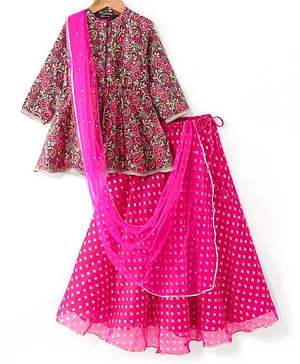 Pine Kids Full Sleeves Floral Detailing Choli with Foil Printed Lehenga Set with Dupatta - Pink