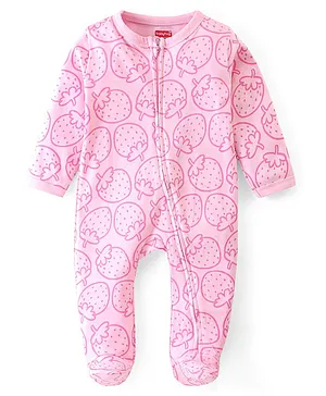 Babyhug Cotton Knit Full Sleeves Footed Sleep Suit With Strawberry Print - Pink