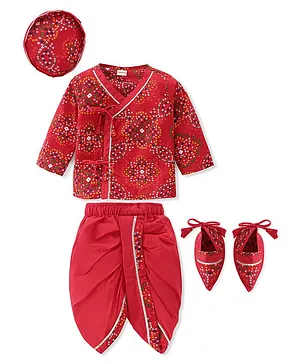 Babyhug Woven Full Sleeves Jamna Set with Forehead Cap & Booties - Red
