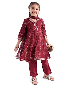 Babyhug Three Fourth Sleeves Kurti & Salwar with Dupatta Set Printed & Lace Detailing - Maroon