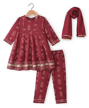 Babyhug 100% Cotton Woven Full Sleeves Kurti Palazzo And Dupatta With Ikat Print - Maroon