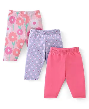 Babyhug Cotton Knit Three Fourth Leggings Floral Print Pack of 3 - Pink & Purple