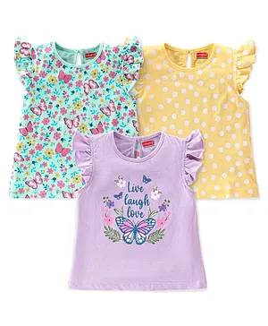 Babyhug 100% Cotton Frill Sleeves Tops with Floral Graphics Pack of 3 - Purple Green & Yellow