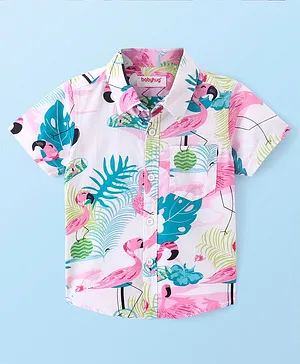 Babyhug 100% Cotton Woven Half Sleeves Regular Collar Shirt With Flamingo Print- Multicolor