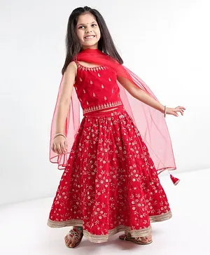 Babyhug Woven Sleeveless Choli & Lehenga Set with Dupatta Sequins & Embroidery Detailing - Red