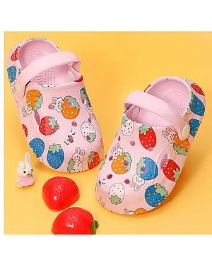 Yellow Bee Rubber Strawberry And Bunny Printed Slingback Clogs - Pink
