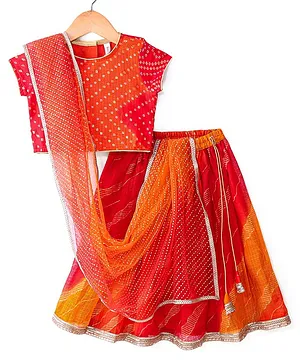 Babyhug Woven Half Sleeves Kotta Printed Choli & Lehenga Set with Dupatta & Border Detailing - Orange