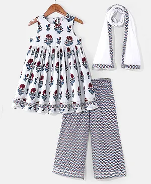 Babyhug 100%  Cotton Woven Sleeveless Kurti Palazo Set with Dupatta Floral Print - Off White