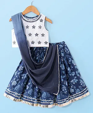 Babyhug 100% Cotton Woven Sleeveless Choli Lehenga With Dupatta Floral Embroidery - Indigo