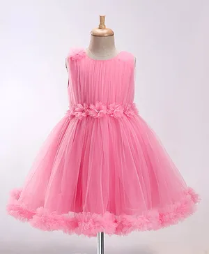 Bluebell Net Woven Sleeveless Party Frock Floral Applique - Pink