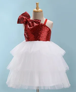 Bluebell Woven Sleeveless Party Frock With Sequin Detailing & Bow Applique - Red & White