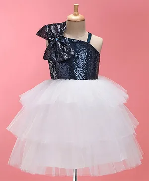 Bluebell Woven Sleeveless Party Frock With Sequin Detailing & Bow Applique - Navy Blue & White