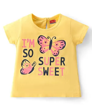 Babyhug Cotton Knit Half Sleeves Top With Butterfly Glitter Graphics - Yellow