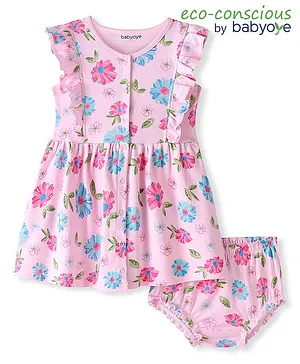 Babyoye Eco Conscious 100% Cotton With Eco Jiva Finish Frill Sleeves Floral Printed Frock With Bloomer - Pink