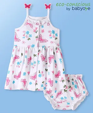 Babyoye Eco Conscious 100% Cotton With Eco Jiva Finish Sleeveless Floral Printed Frock With Bloomer - White