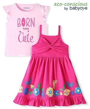 Babyoye Eco Conscious 100% Cotton with Eco Jiva Finish Sleeveless Frocks With Inner T-Shirt Floral Print -Pink