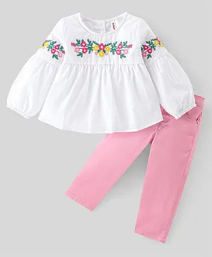 Babyhug 100% Cotton Knit Full Sleeves Top & Jeans With Floral Embroidery - White & Pink