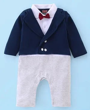 Babyhug Cotton Knit Full Sleeves  Romper with Bow Solid Colour - Navy Blue
