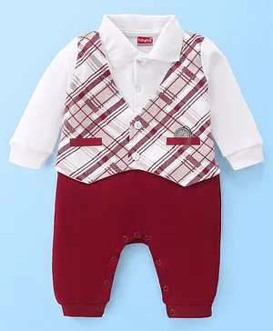 Babyhug 100% Cotton Knit Full Sleeves Party Wear  Romper with Checked Attached Waistcoat - Red