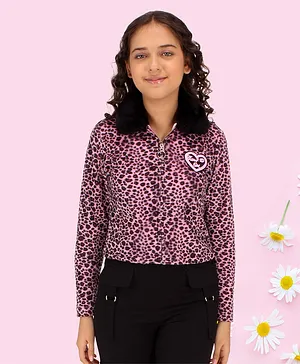 Cutecumber Full Sleeves Leopard Design Zipper & Collared Party Wear Sweatshirt - Pink