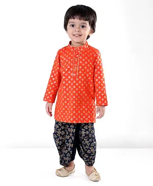 EARTHY TOUCH Single Jersey Knit Full Sleeves  Kurta Dhoti Set with Gold Foil Floral Print - Orange