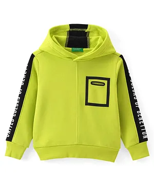 UCB Full Sleeves Hooded Sweatshirt with Seam Seal Pocket & Text Print - Neon Green