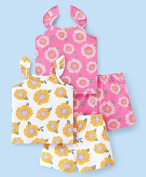 Babyhug Single Jersey Knit Sleeveless Night Suit Floral Print Pack Of 2 - White & Pink