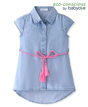 Babyoye Eco Conscious Cotton Cap Sleeves Shirt Dress with Embroidery Detailing & Self Belt - Blue