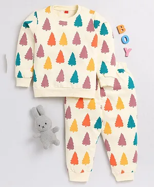 TOONYPORT Full Sleeves Trees Printed Coordinating Sweatshirt & Joggers Set - Cream