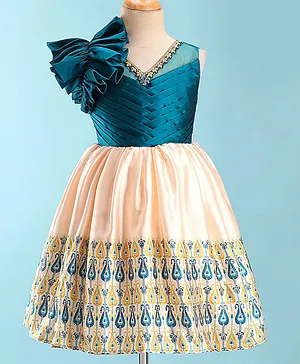 Enfance Sleeveless Overlap Design Ruffled Bodice Detailed & Vintage Style Printed Dress - Peacock Blue