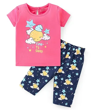 Babyhug Cotton Knit Half Sleeves Capri Night Suit Moon & Star Print- Pink & Blue
