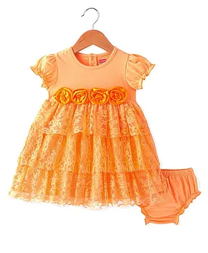 Babyhug 100% Cotton Jersey Knit Cap Sleeves Frock with Floral Applique & Bloomer - Orange