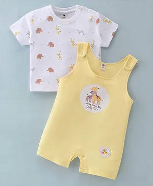 ToffyHouse Cotton Knit Dungaree Style Romper with  Half Sleeves T-Shirt Animal Print- Pale Yellow