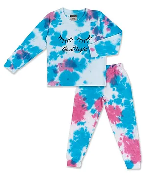 Unicorn Full Sleeves  Good Night Text Printed Tie And Dye Coordinating  Cotton Night Suit - Blue