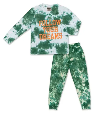 Unicorn Full Sleeves  Follow Your Dreams Text Printed Tie And Dye Coordinating  Cotton Night Suit - Green & White