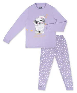 Unicorns Full Sleeves Little Dreamer Text Embroidered With Dog & Heart Printed Night Suit - Lavender