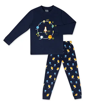 Unicorn Cotton Full Sleeves Space Theme Planets & Rocket Printed Tee With Coordinating Night Suit - Navy Blue