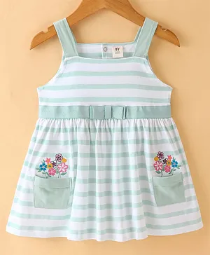 ToffyhHouse Cotton Knit Sleeveless Frock Stripes & Floral Embroidery - Green