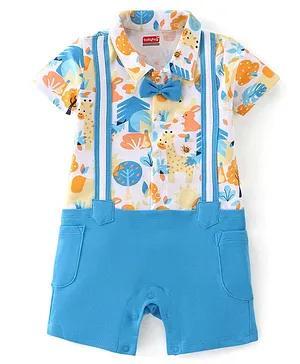 Babyhug 100% Cotton Knit Half Sleeves Party Romper with Bow Tie & Bunny Print - Blue