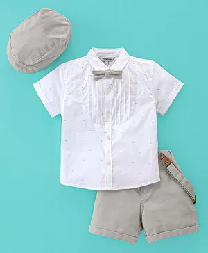 ToffyHouse Half Sleeves Shirt & Shorts Set With Waistcoat & Bow Striped - White & Grey
