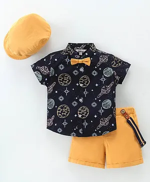 ToffyHouse Half Sleeves Shirt & Shorts Set With Bow Cap & Suspender Space Theme Print - Navy Blue & Brown