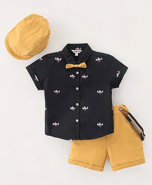 ToffyHouse Half Sleeves Shirt & Shorts Set With Waistcoat & Bow Aircraft Print - Black & Brown