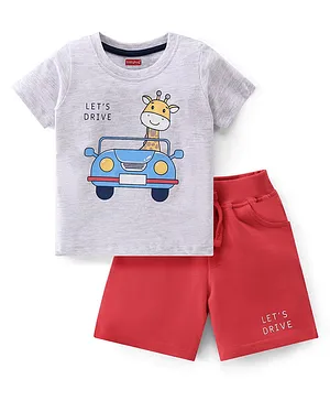 Babyhug Cotton Knit Half Sleeves T-Shirt & Shorts Set Giraffe Safari Print - White Melange & Red