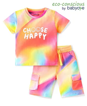 Babyoye 100% Cotton Knit Half Sleeves T-Shirts & Shorts With Text Print - Multicolour