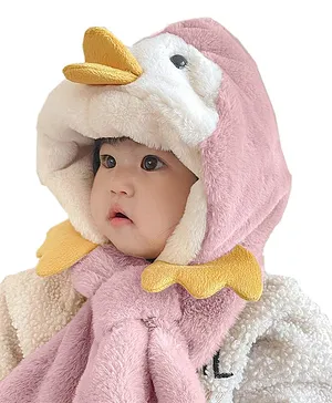 Babymoon Duck Detailed Winter  Fleece  Cap With Scarf - Pink
