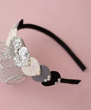 Ribbon candy Shimmer Detailed Heart & Pearl Embellished  Hair Band - Black Grey  White Silver