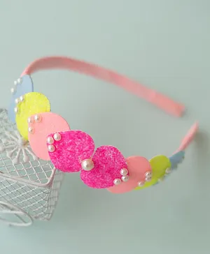Ribbon candy Shimmer Detailed Heart & Pearl Embellished  Hair Band - Pink  Blue  Yellow
