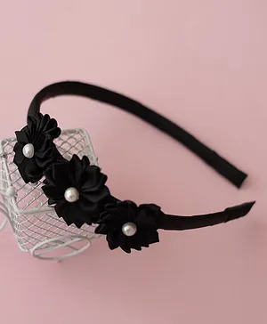 Ribbon candy Floral Applique & Pearl Detailed Hair Band - Black