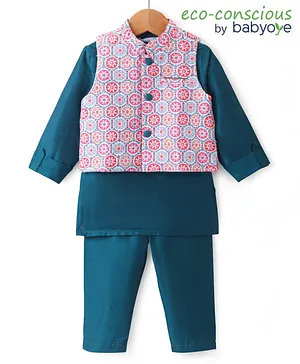 Babyoye Woven Full Sleeves Kurta & Pyjama Set With Waistcoat Ikat Print - Navy Blue & Pink